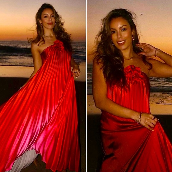 Delfi Collective Kimberly Ombre Pleated Rosette Strapless Dress Red Pink Medium - Picture 14 of 16